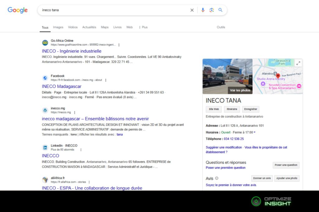 Fiche Google My Business pour INECO TANA